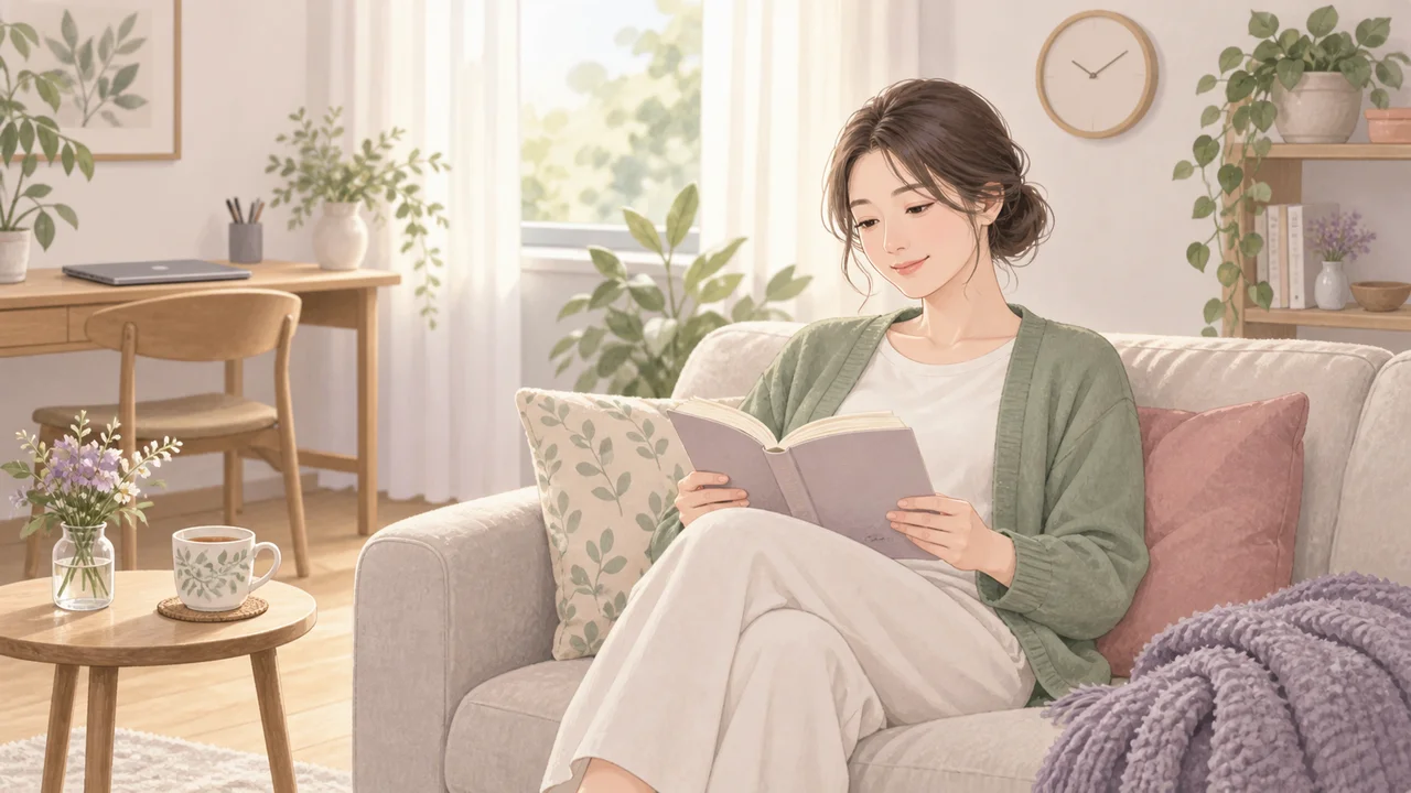 仕事を終えて本とお茶で休む成人女性のイメージイラスト
