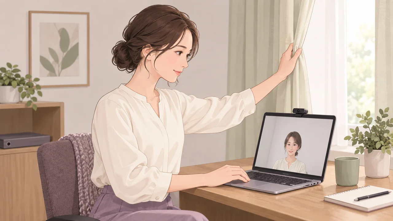 カメラに個人情報が映り込まないよう背景を整える成人女性のイメージイラスト