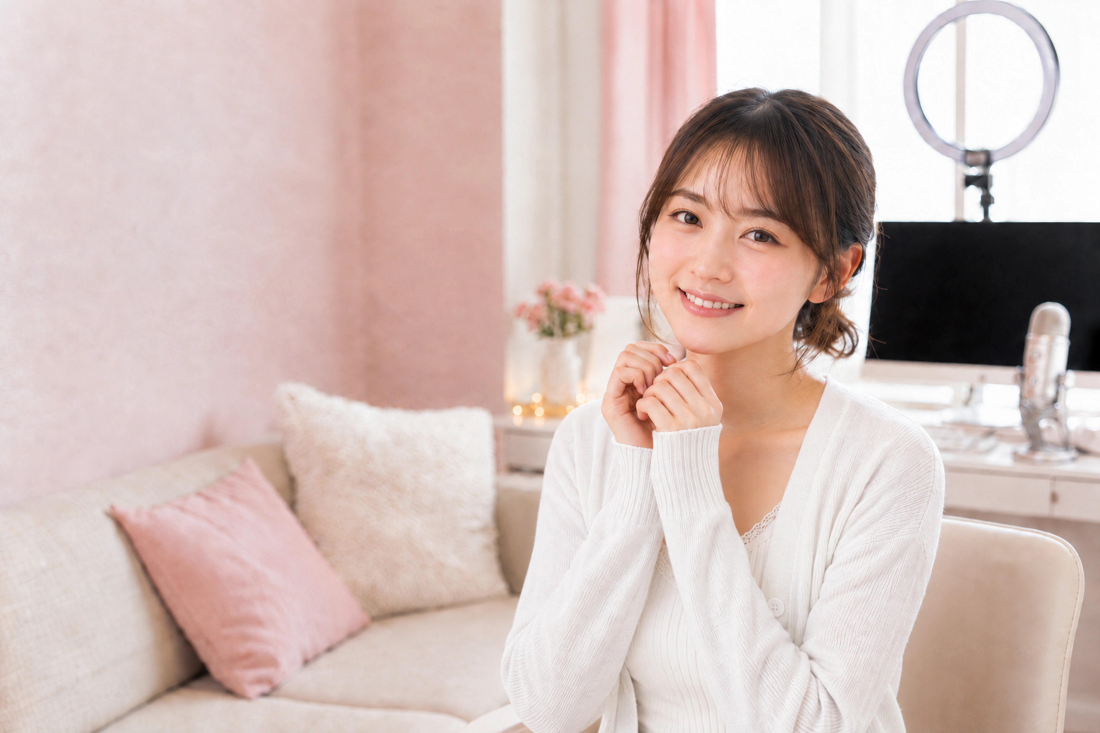 明るい配信ルームで微笑む成人女性
