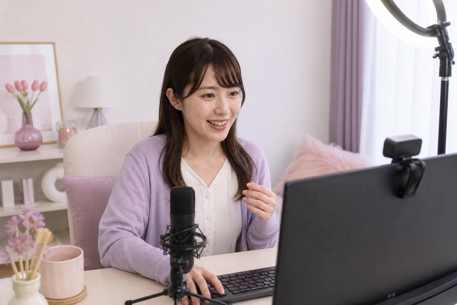 明るい個室でPC画面越しに会話するチャットレディのイメージ