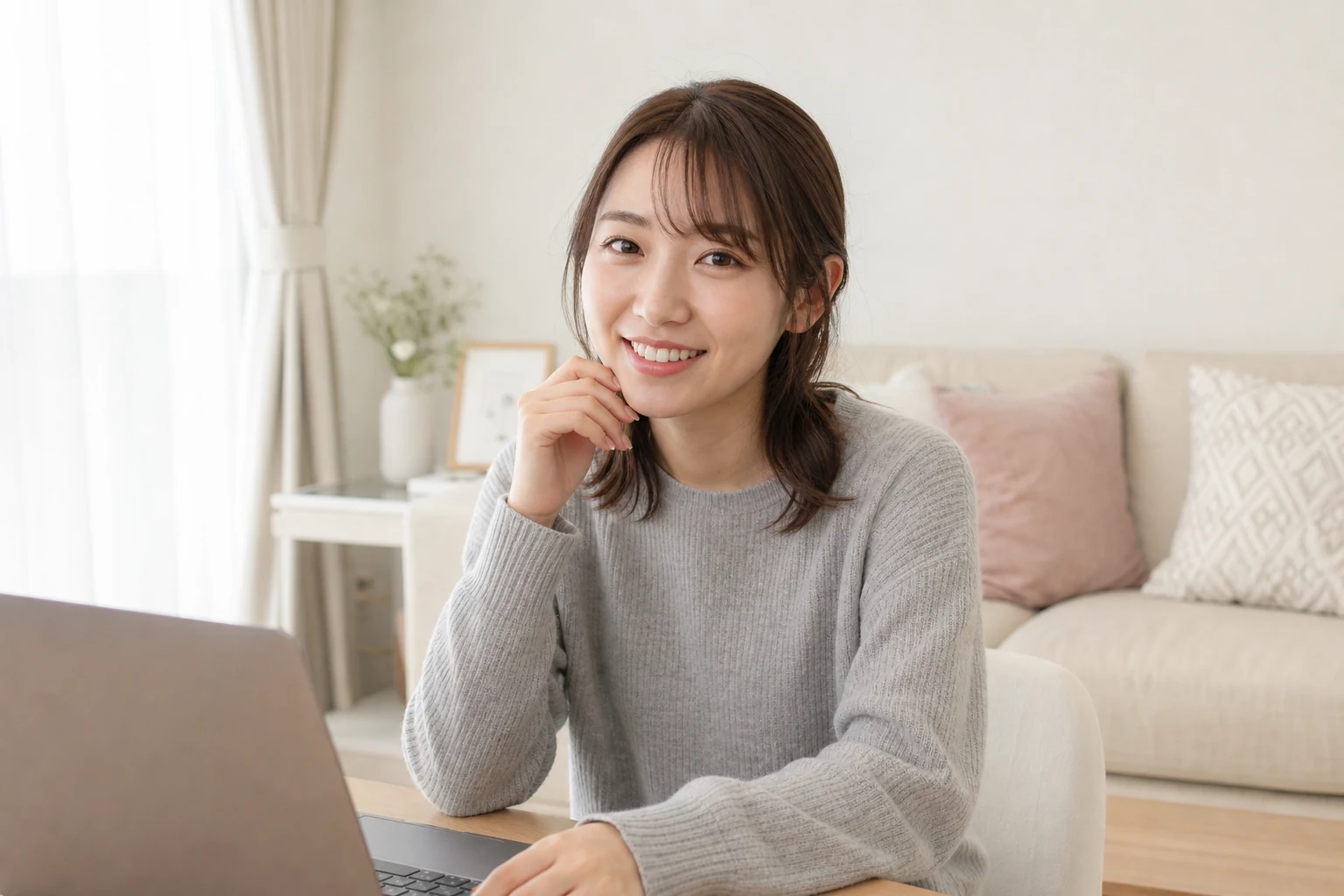 明るい部屋で微笑む大学生イメージの成人女性