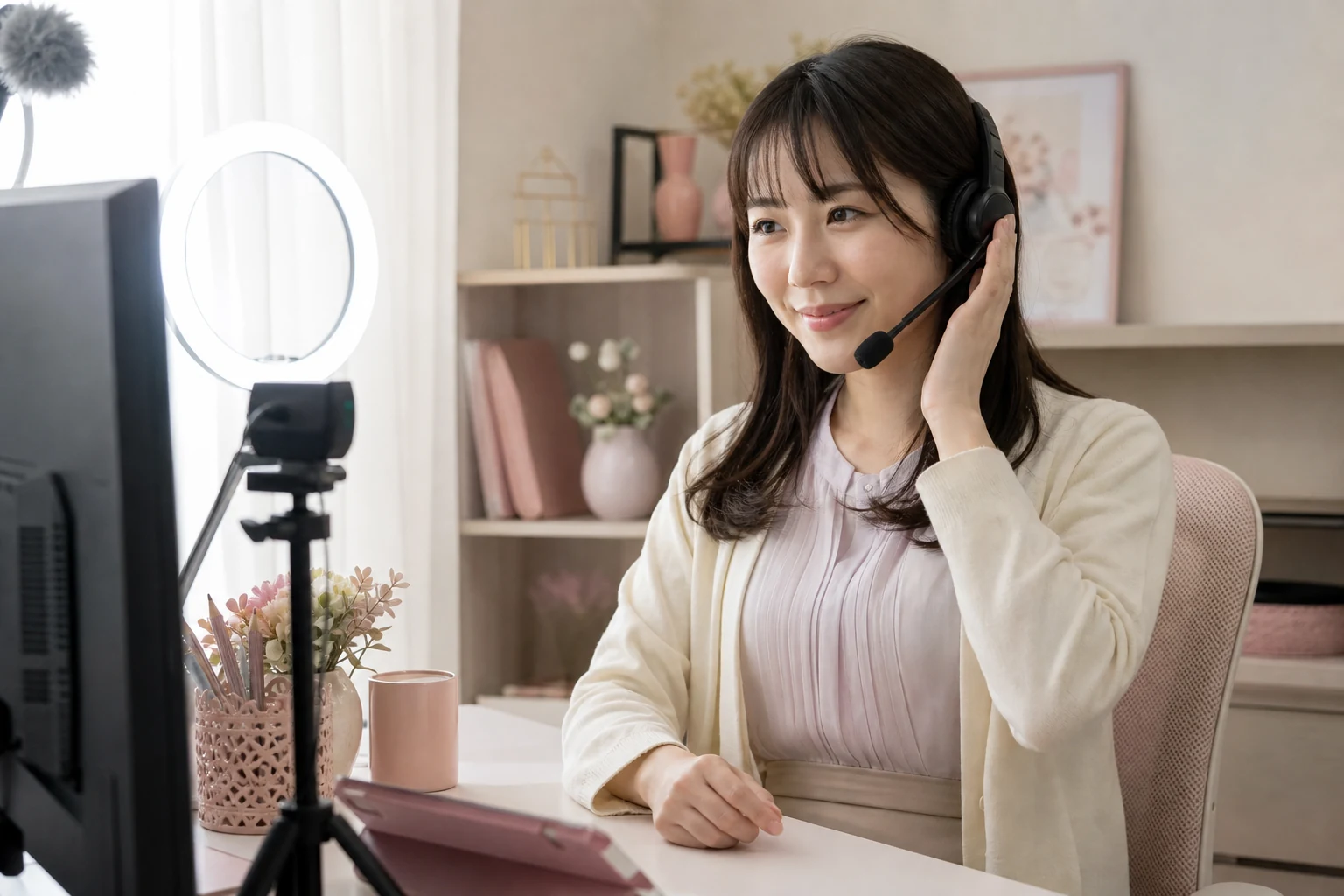 ヘッドセットを着け配信デスクに座る会社員イメージの成人女性