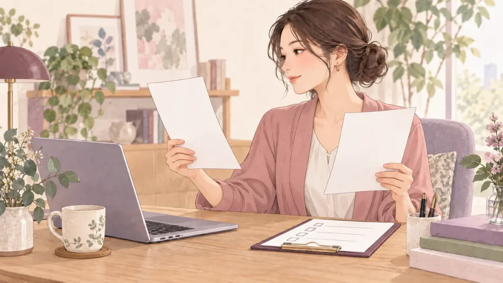 二つの条件書を見比べる成人女性のイメージイラスト
