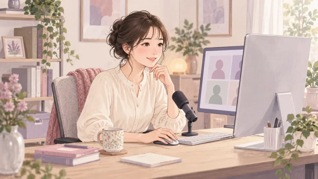 パソコンとマイクを使って会話する成人女性のイメージイラスト