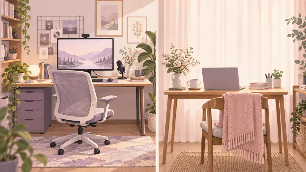 配信ルームと自宅の作業場所を並べたイメージイラスト