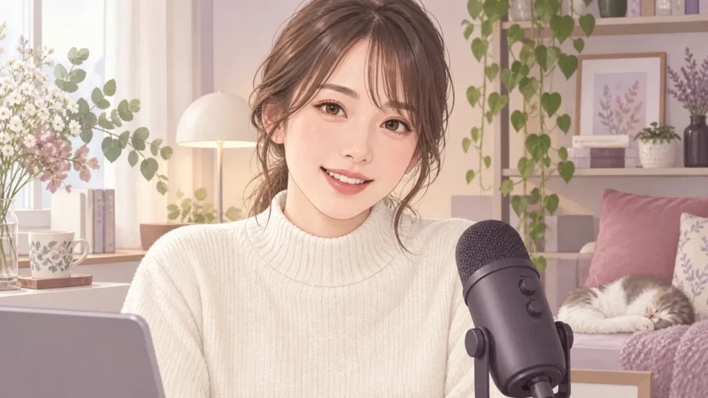 マイクの前で会話する成人女性のイメージイラスト