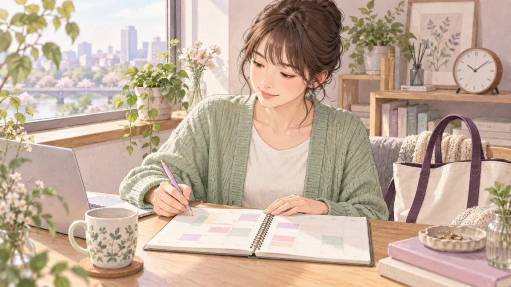手帳を使って予定を整理する成人女性のイメージイラスト