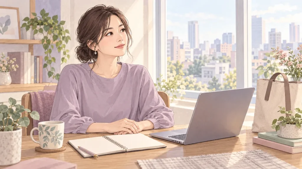 ノートとパソコンを前に働き方を考える成人女性のイメージイラスト