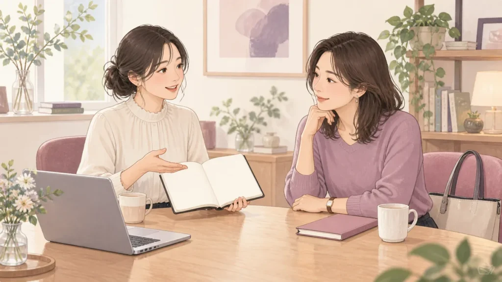 ノートを見ながら仕事の説明を聞く成人女性のイメージイラスト